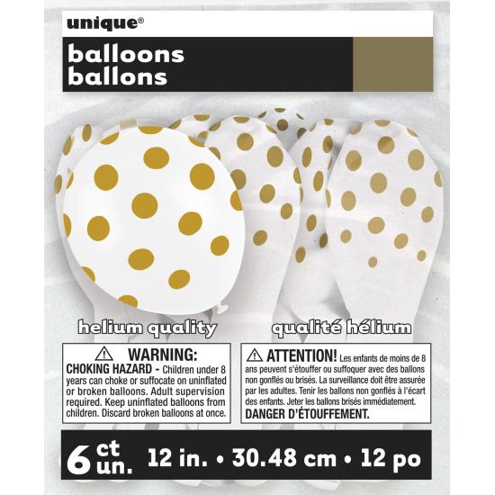 6 globos blancos con topos dorados (30 cm)
