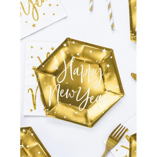6 platos Fin de Año Happy New Year dorados (20 cm) - Jolly New Year