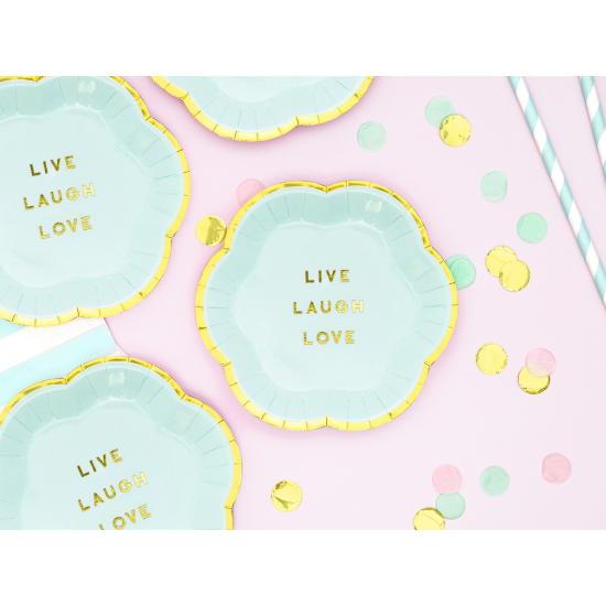 6 platos azules pastel con borde dorado "Live, Laugh, Love" de papel (13 cm) - Yummy