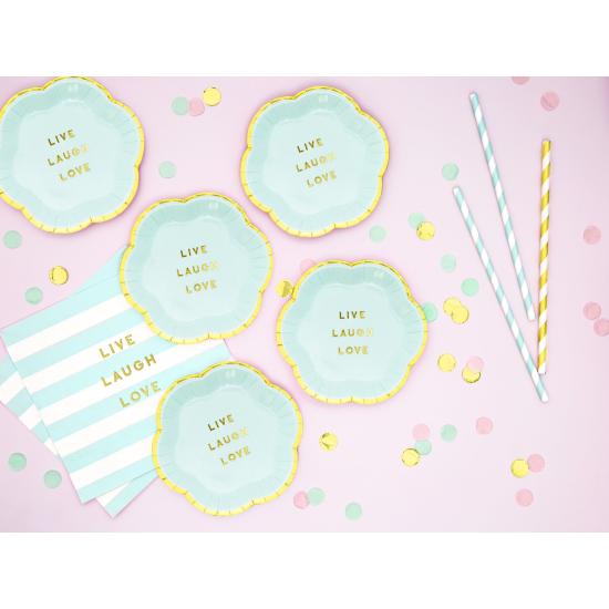 6 platos azules pastel con borde dorado "Live, Laugh, Love" de papel (13 cm) - Yummy