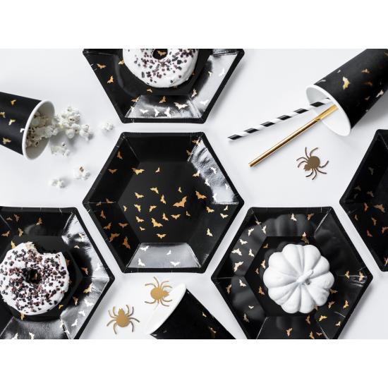 6 platos negros con murciélagos dorados de papel (20 cm) - Trick or Treat Collection