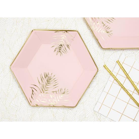 6 platos pentagonales rosas con hojas doradas de papel (23 cm)