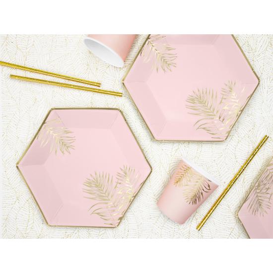6 platos pentagonales rosas con hojas doradas de papel (23 cm)