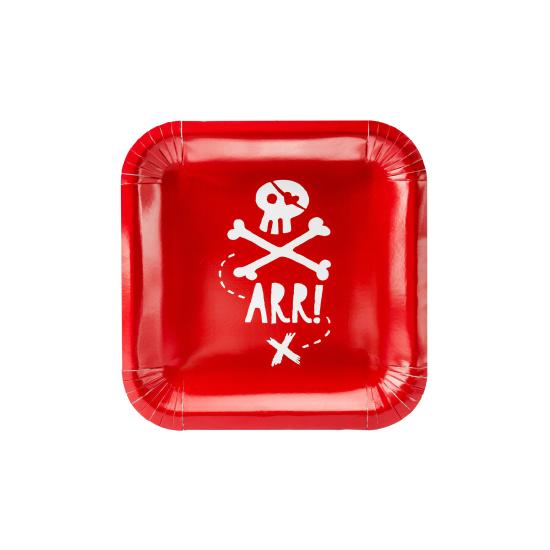6 platos rojos cuadrados "Arr!" de papel (20 cm) - Pirates Party
