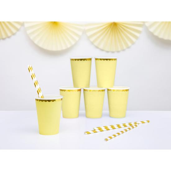 6 vasos amarillo pastel con borde dorado de papel - Yummy