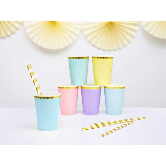 6 vasos azul pastel con borde dorado de papel - Yummy