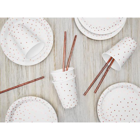 6 vasos blancos con lunares oro rosa de papel