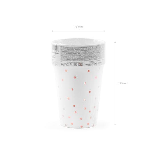 6 vasos blancos con lunares oro rosa de papel