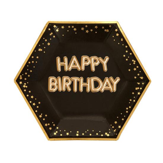 8 platos hexagonales "Happy Birthday" de papel (27 cm) - Glitz & Glamour Black & Gold