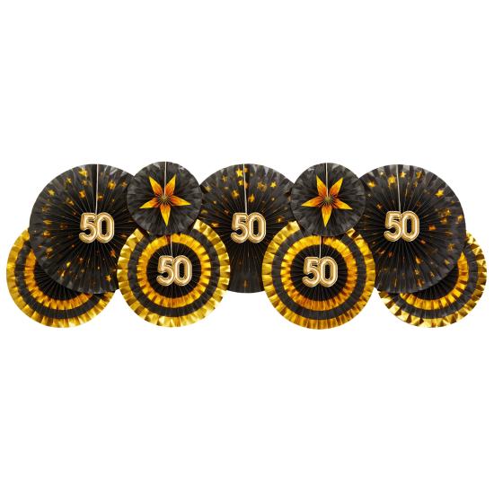 3 Abanicos de papel decorativos variados "50" (21-26-30 cm) - Glitz & Glamour Black & Gold