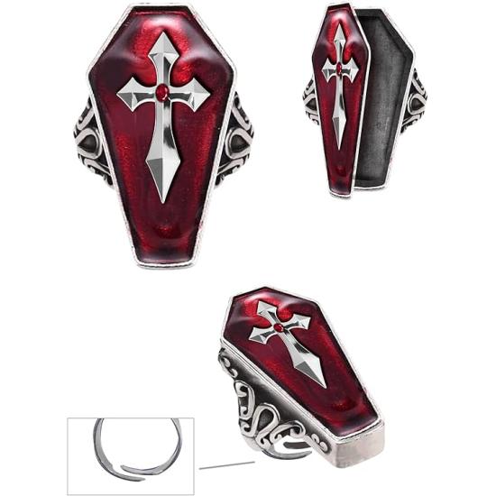 Anillo Féretro con Cruz Plateada - Accesorio Terrorífico para Halloween