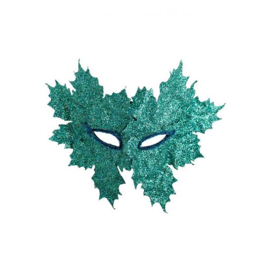 Antifaz de plástico con hojas verde agua y purpurina en bolsa