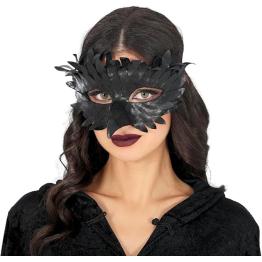 Antifaz de Plumas con Pico Negro Cuervo