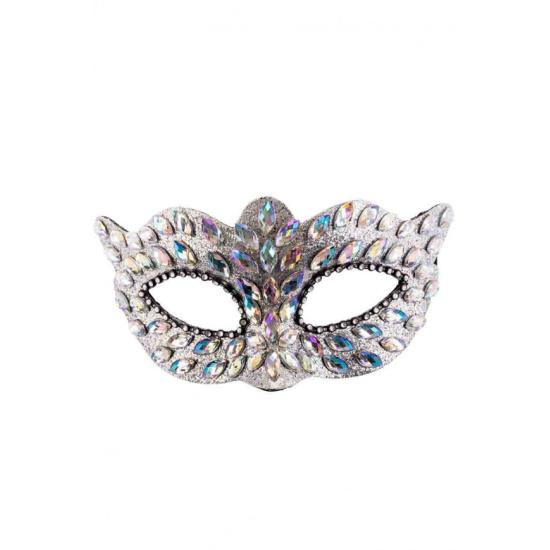 Antifaz plateado de plástico con gemas y strass sobre cartoncillo