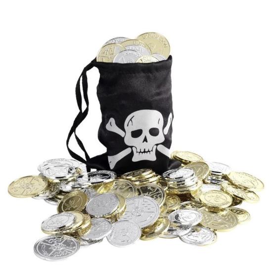 Bolsa de monedas pirata, negro, con monedas