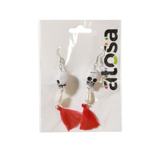 Pendientes de Calaveras con Perlas y Borlas Rojas