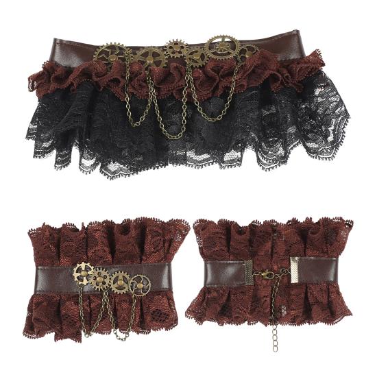 Conjunto de Accesorios Steampunk Marrón – Collar y Pulseras de Encaje