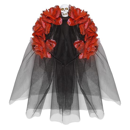 Diadema 6 Rosas Rojas con Calavera y Velo