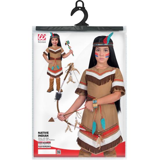 Disfraz de Indio Nativo para Niña – Vestido con Cinturón y Diadema con Plumas