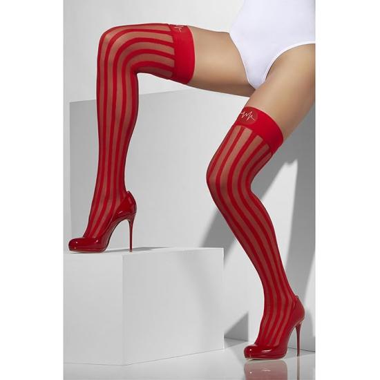 Medias transparentes rojas con rayas verticales