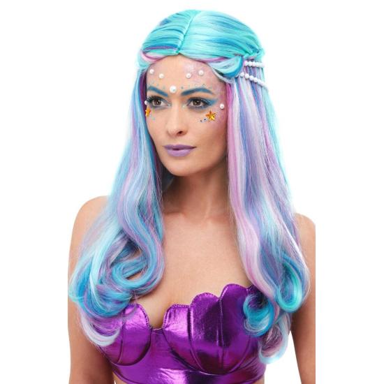 Peluca de sirena, Azul, con perlas
