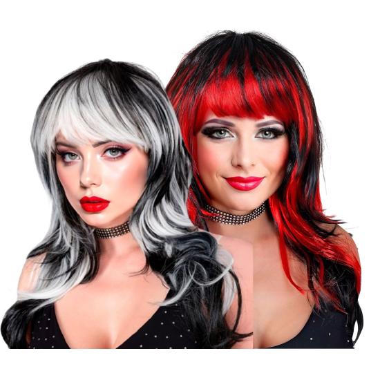 Peluca “Vampirosa” – larga con flequillo (Negra/Blanca y Negra/Roja)