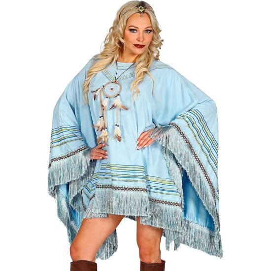 Poncho de Ante Azul con Flecos – Disfraz de India o Hippie Mujer
