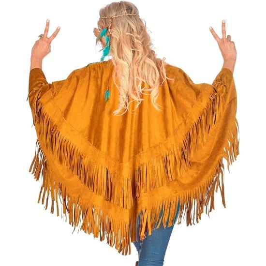 Poncho de Ante con Flecos – Disfraz Adulto Hippie, Indio, Reggae y Vaquero