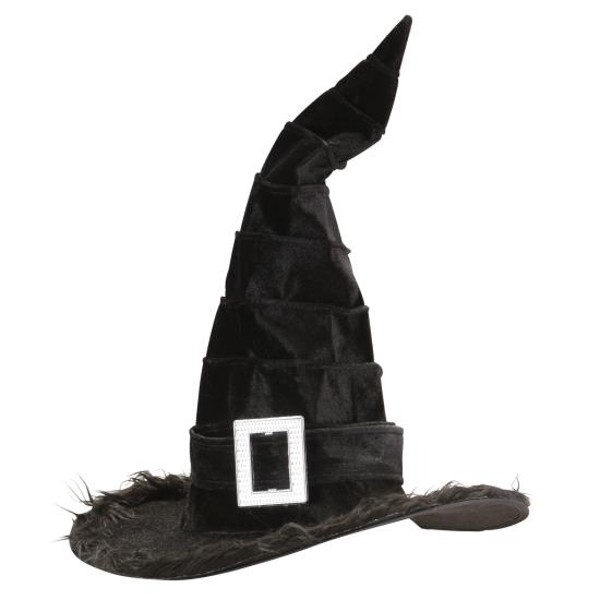 Sombrero de bruja con borde de peluche y hebilla.